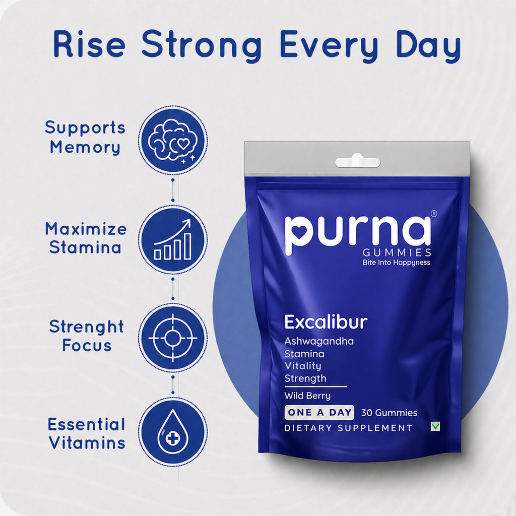 Buy 1 Get 1 Purna Excalibur Ashwagandha Gummies - Wild Berry Flavor | Stamina, Vitality & Strength Support | 30 Vegan Gummies