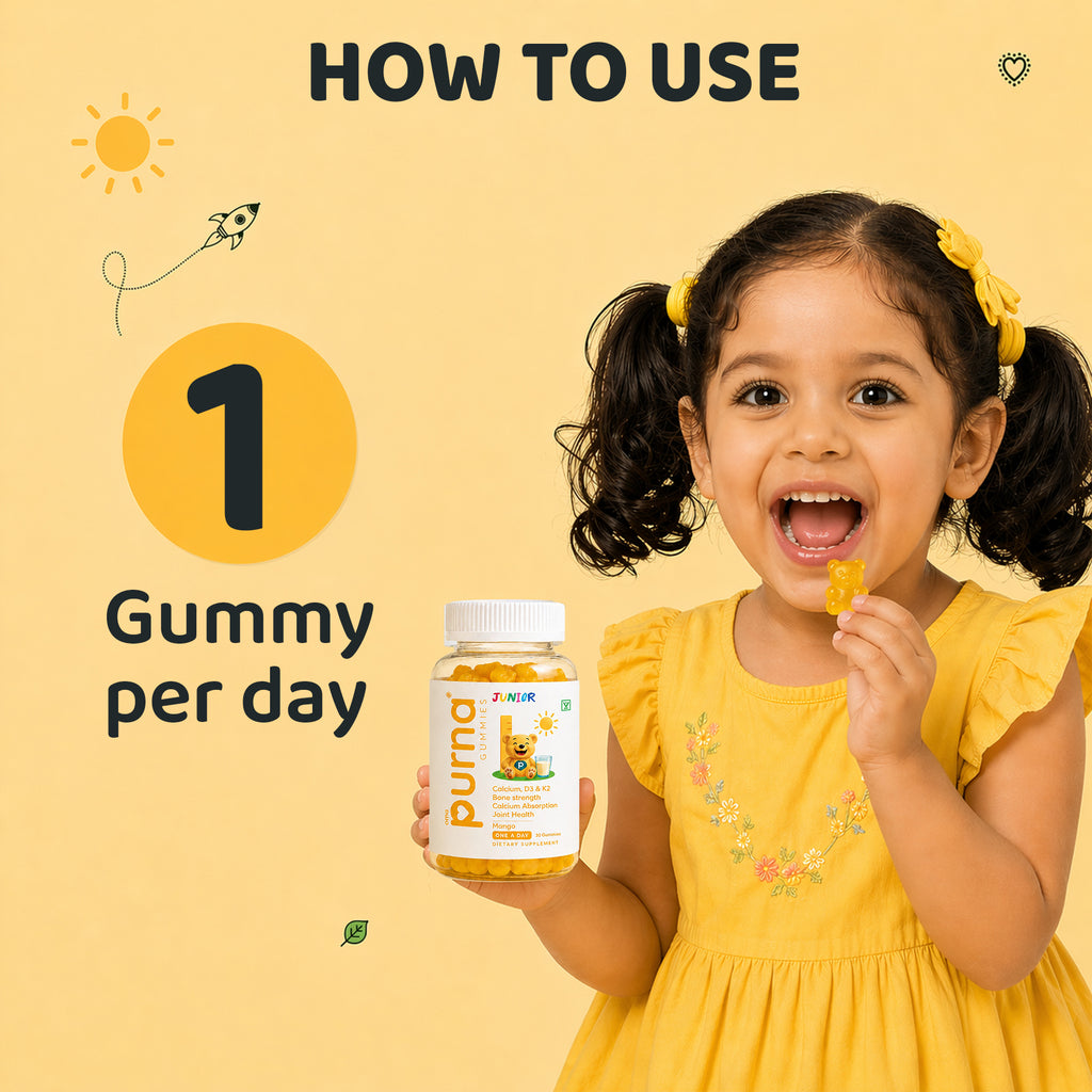 Buy 1 Get 1 Purna Junior Calcium Gummies - Mango Flavor | Calcium with Vitamin D3 & K2 for Kids Bone Strength, Growth & Joint Health | 60 Vegan Gummies