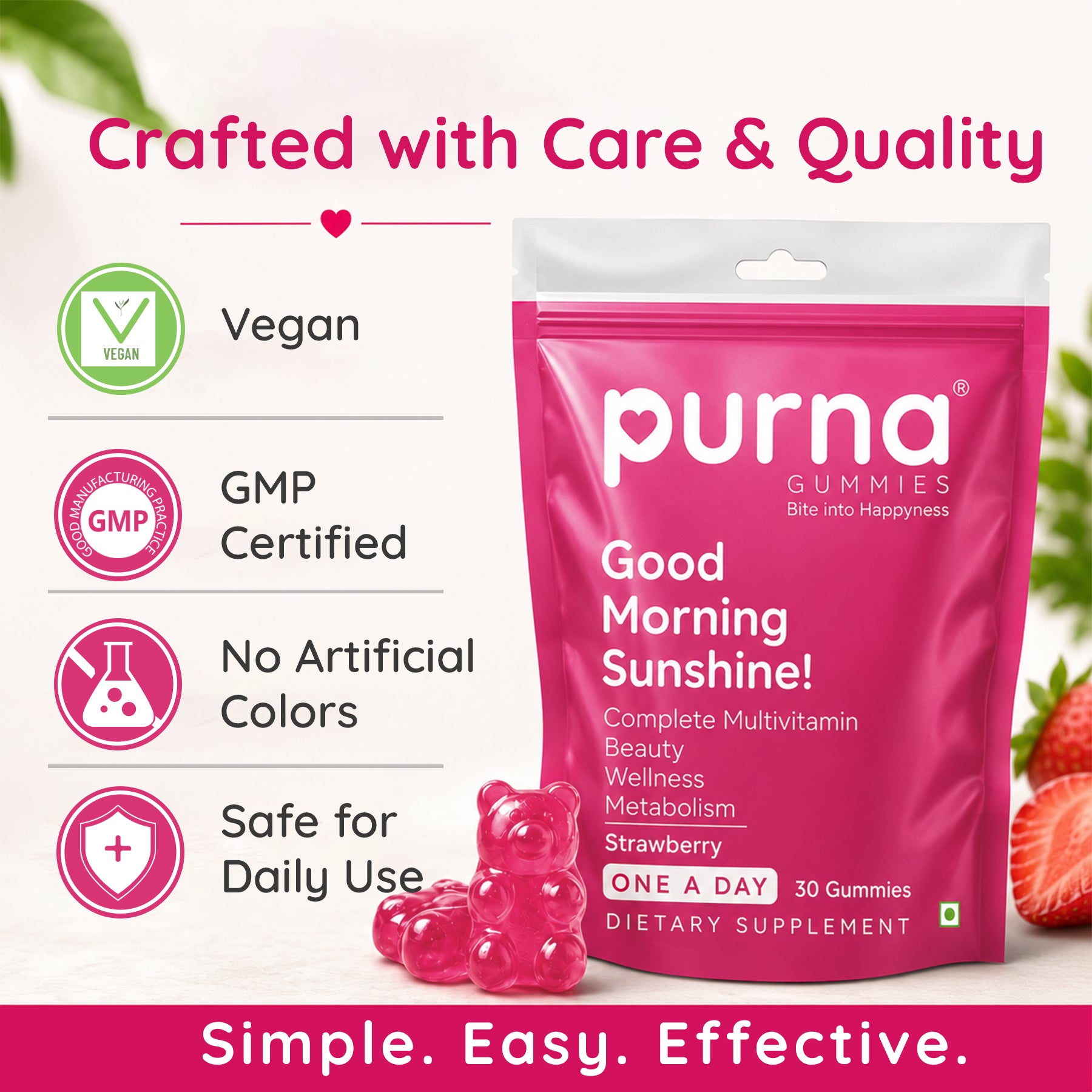 Buy 1 Get 1 Purna Good Morning Sunshine! Multivitamin Gummies - Strawberry Flavor | Complete Multivitamin for Beauty, Wellness & Metabolism | 30 Vegan Gummies