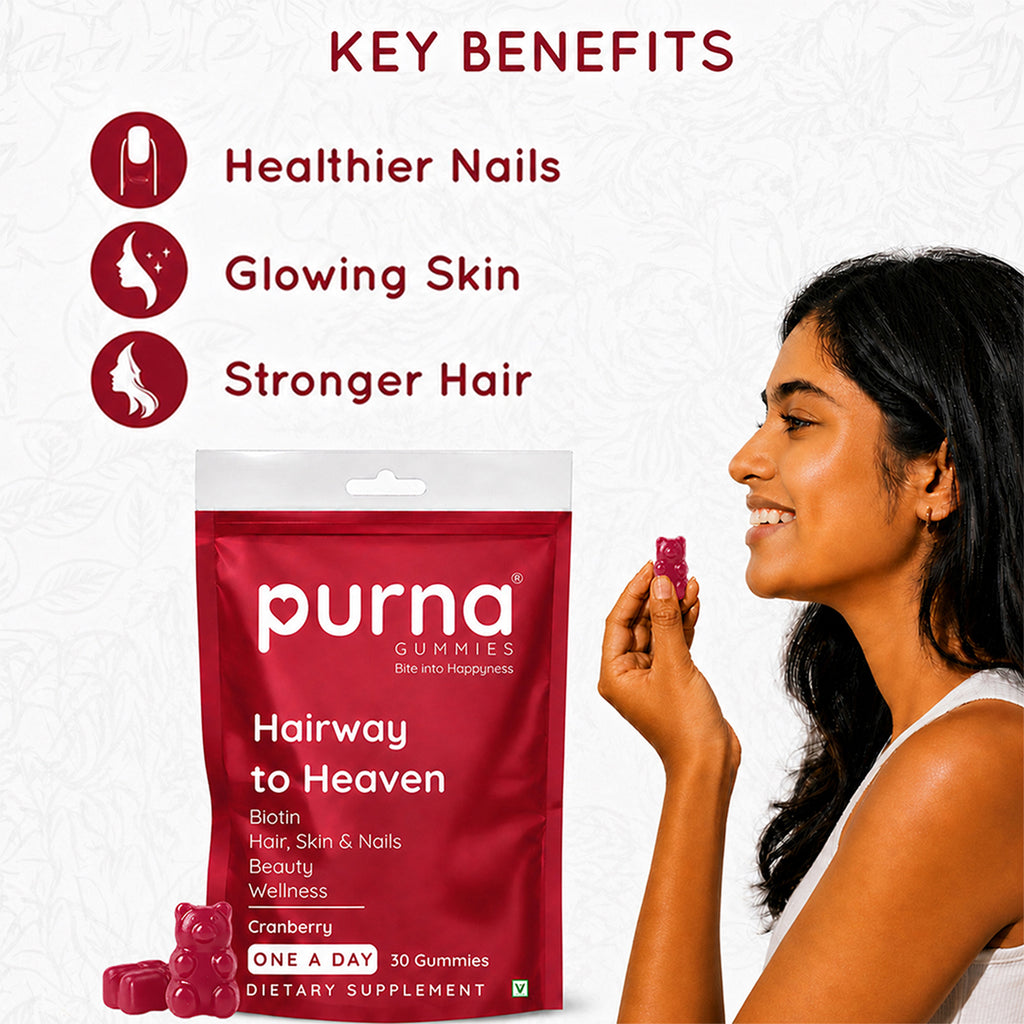 Buy 1 Get 1 Purna Hairway to Heaven Biotin Gummies - Cranberry Flavor | Hair, Skin & Nails Support | 30 Vegan Gummies