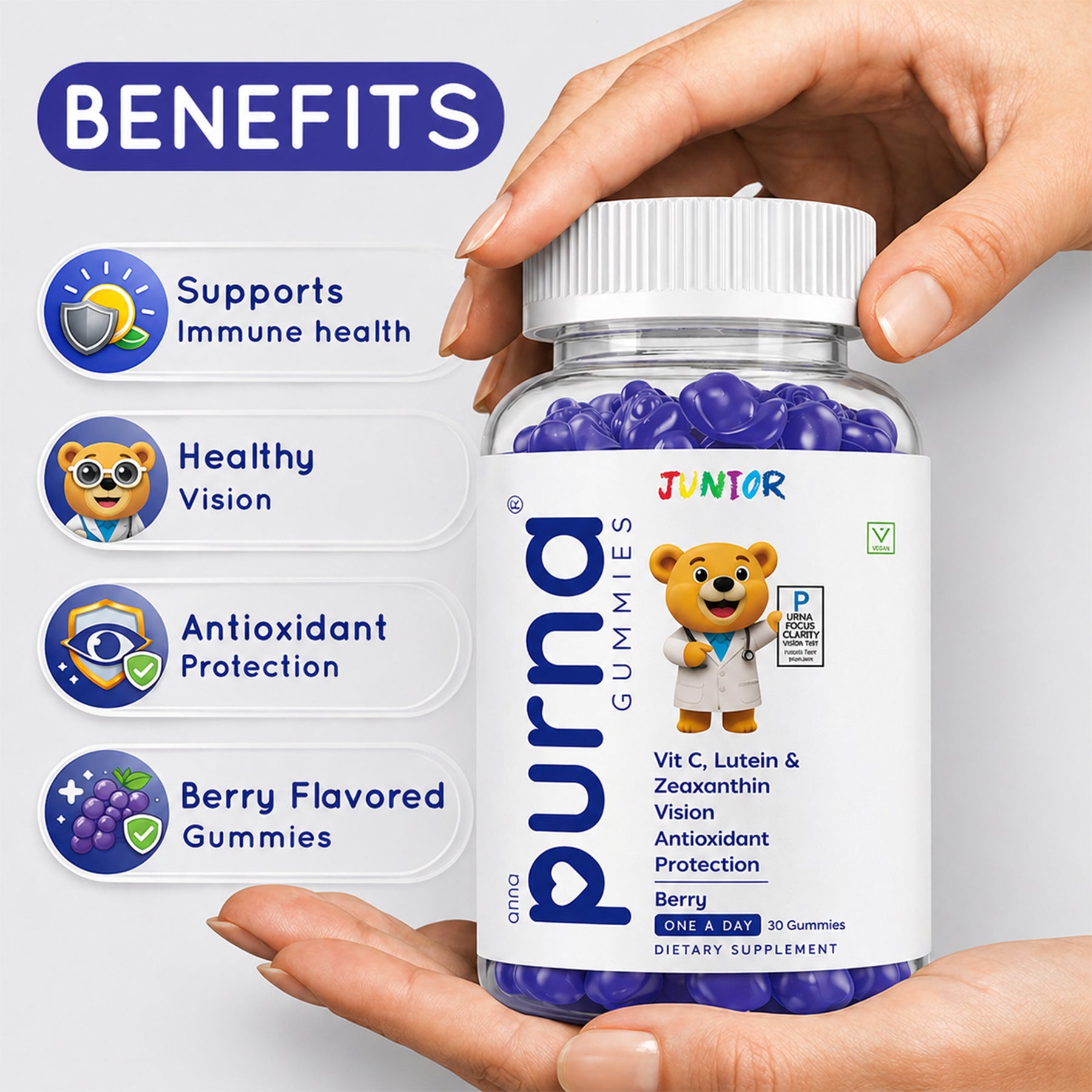 Buy 1 Get 1 Purna Junior Eye Health Gummies - Berry Flavor | Vitamin C, Lutein & Zeaxanthin for Kids Eye Health & Antioxidant Protection | 60 Vegan Gummies