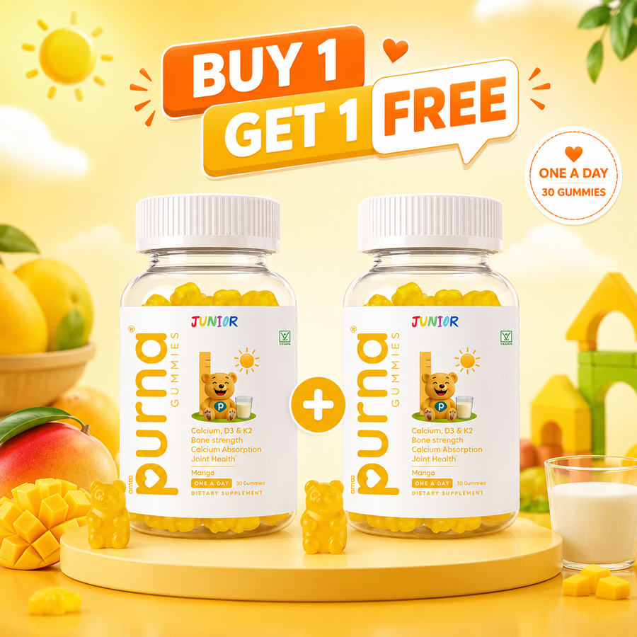Buy 1 Get 1 Purna Junior Calcium Gummies - Mango Flavor | Calcium with Vitamin D3 & K2 for Kids Bone Strength, Growth & Joint Health | 60 Vegan Gummies