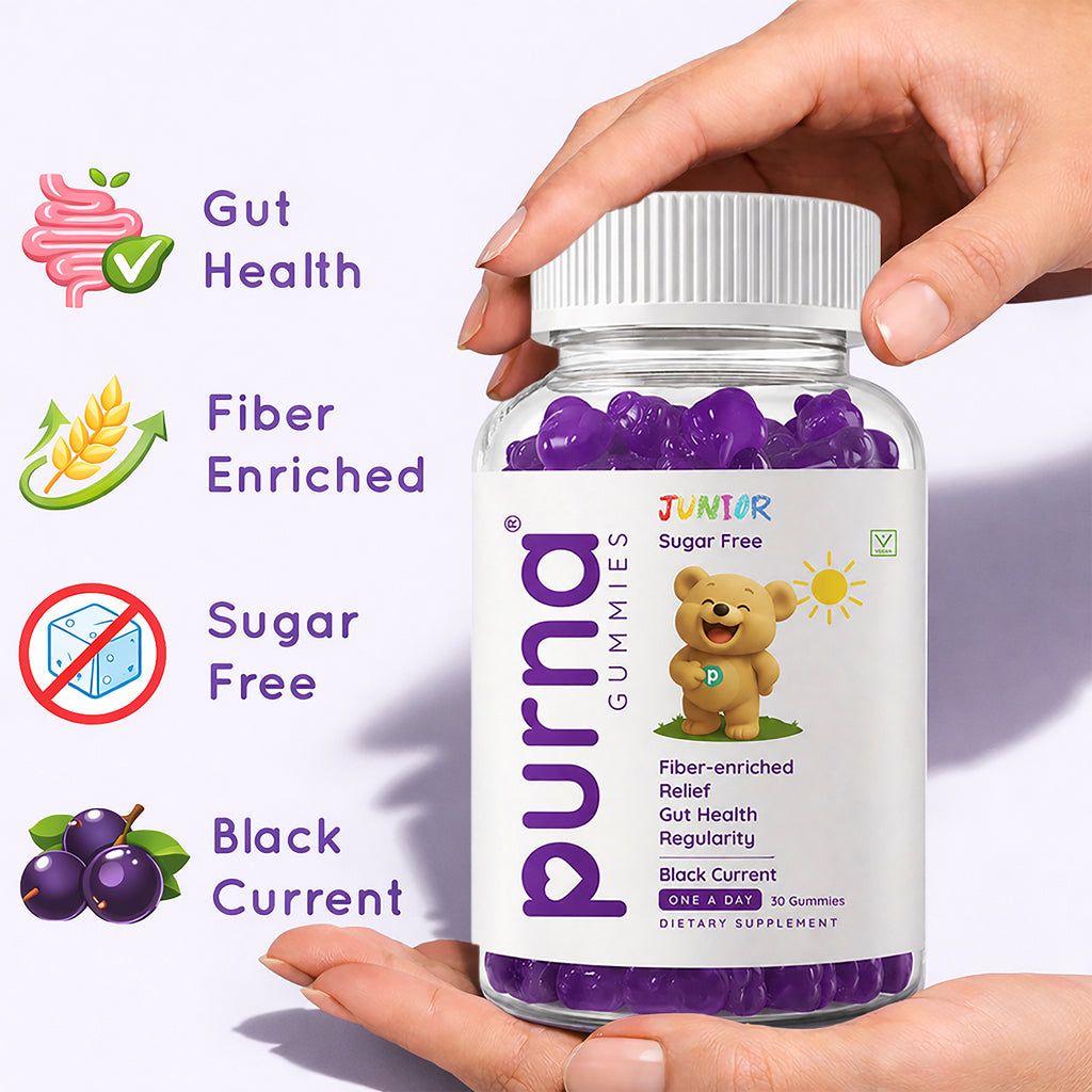 Buy 1 Get 1 Purna Junior Fiber Gummies - Black Currant Flavor | Sugar-Free, Fiber-Enriched for Kids Gut Health, Relief & Regularity | 60 Vegan Gummies