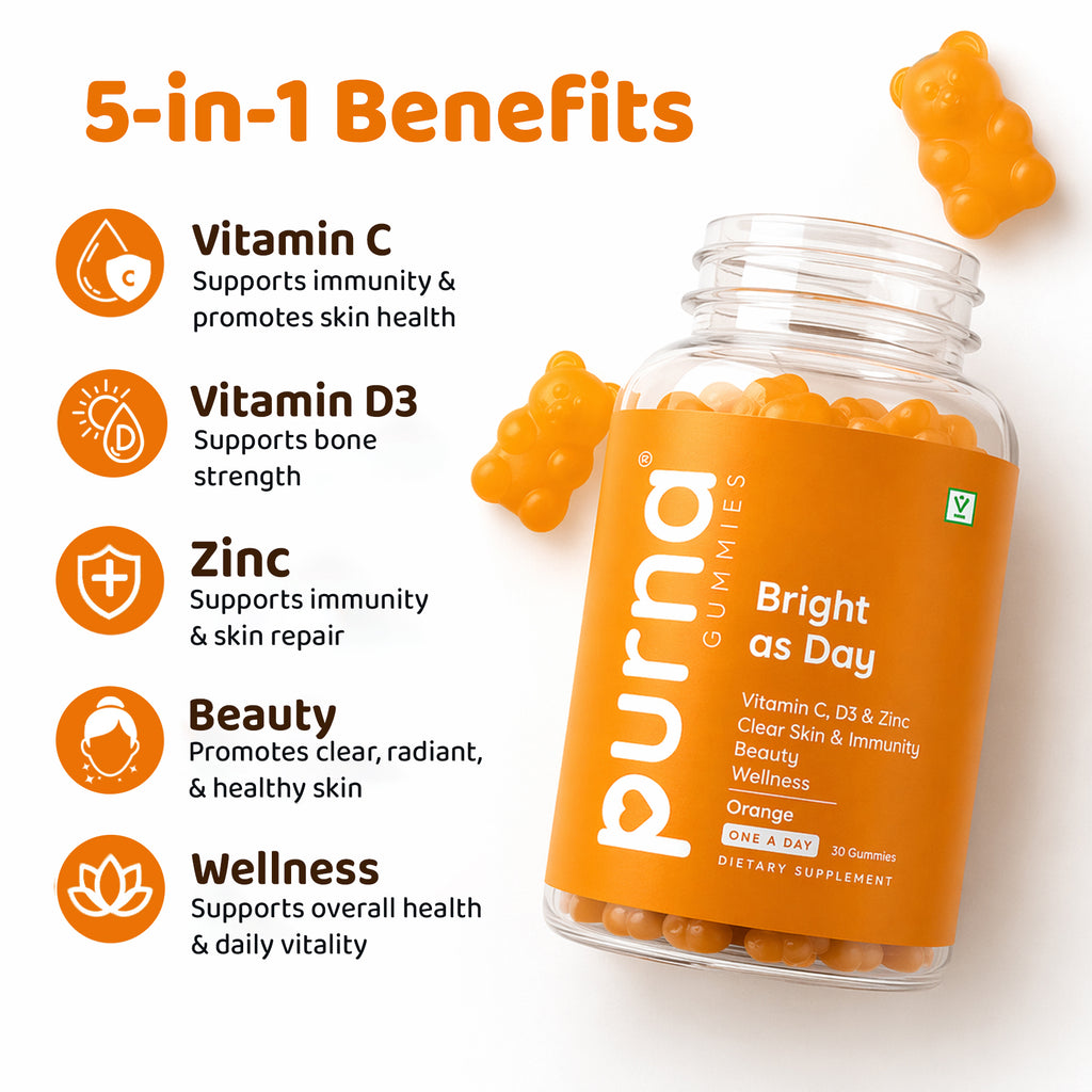 Buy 1 Get 1 Purna Bright as Day Vitamin C Gummies - Orange Flavor | Vitamin C, D3 & Zinc for Clear Skin & Immunity | 30 Vegan Gummies