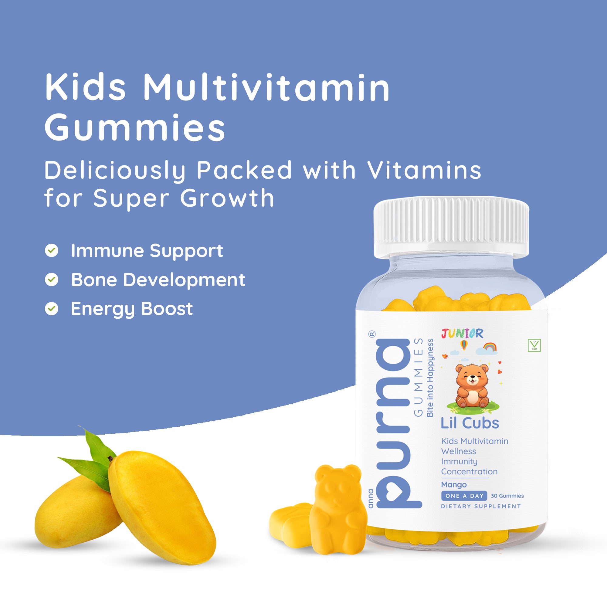 Buy 1 Get 1 Purna Junior Lil Cubs Multivitamin Gummies - Mango Flavor | Kids Multivitamin for Wellness, Immunity & Concentration | 30 Vegan Gummies