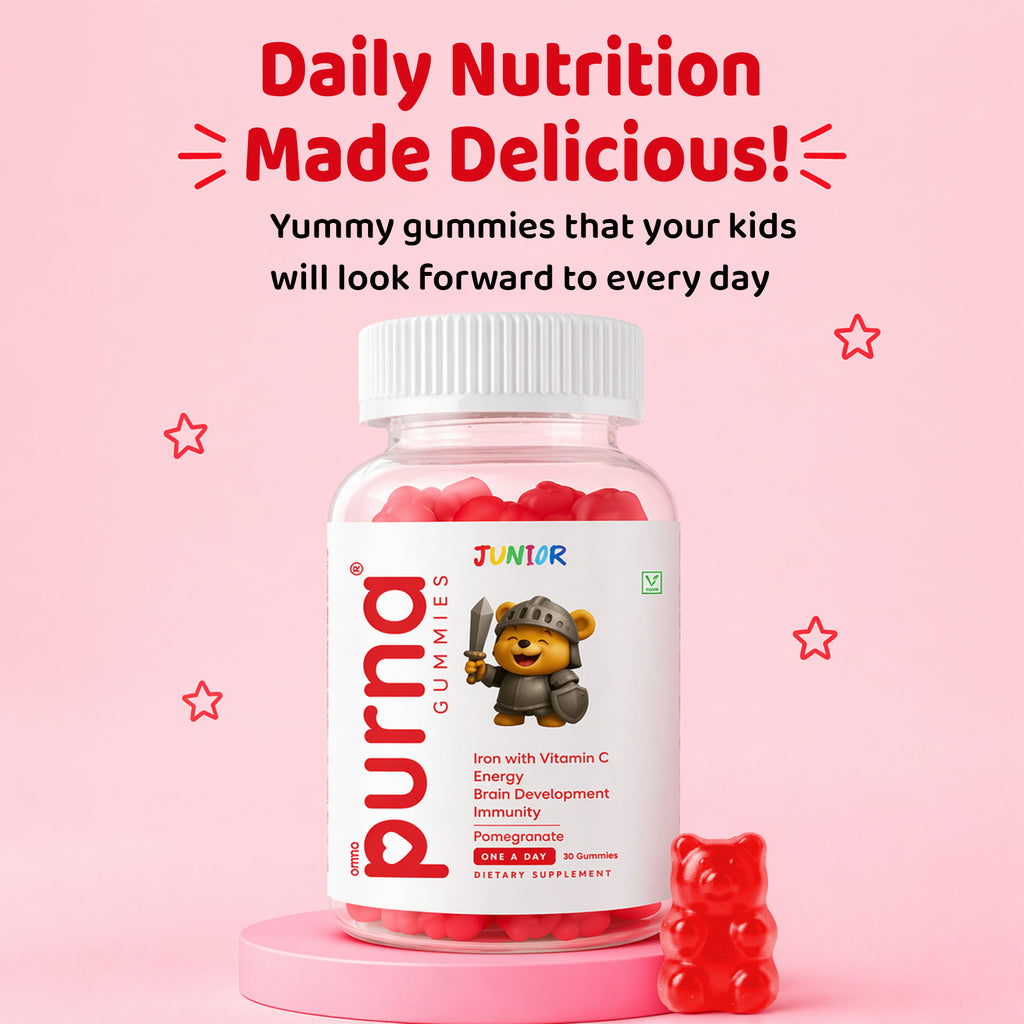 Buy 1 Get 1 Purna Junior Iron Gummies - Pomegranate Flavor | Iron with Vitamin C for Kids Energy, Brain Development & Immunity | 60 Vegan Gummies