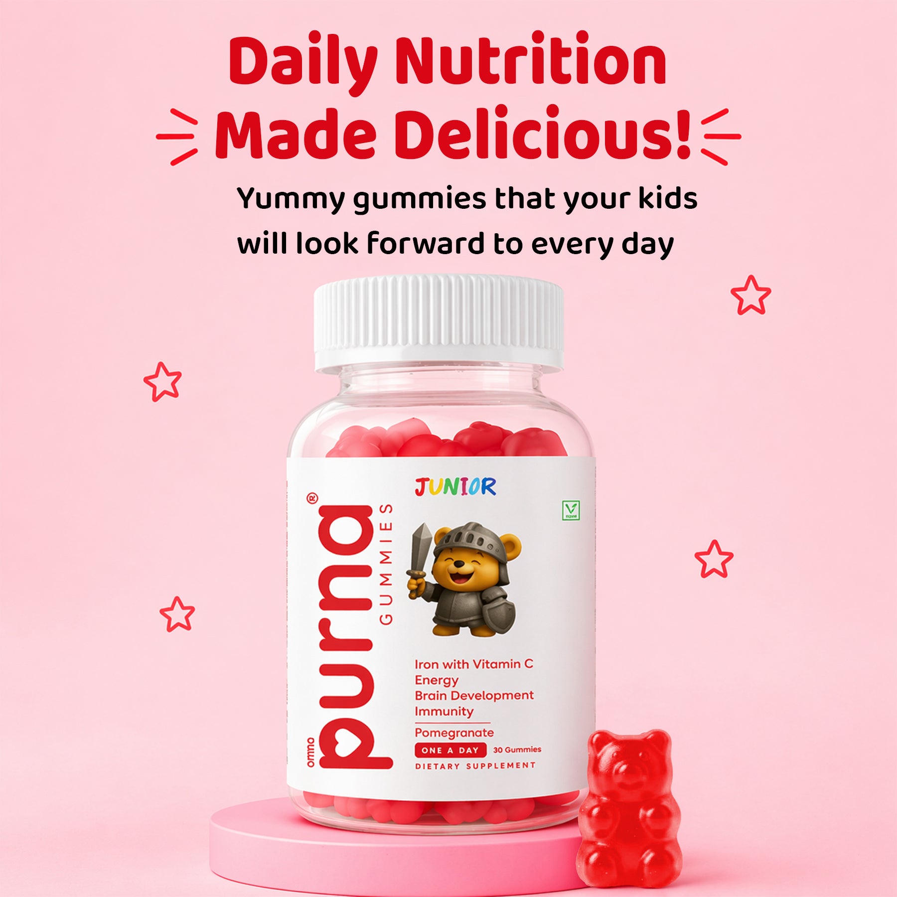 Buy 1 Get 1 Purna Junior Iron Gummies - Pomegranate Flavor | Iron with Vitamin C for Kids Energy, Brain Development & Immunity | 60 Vegan Gummies