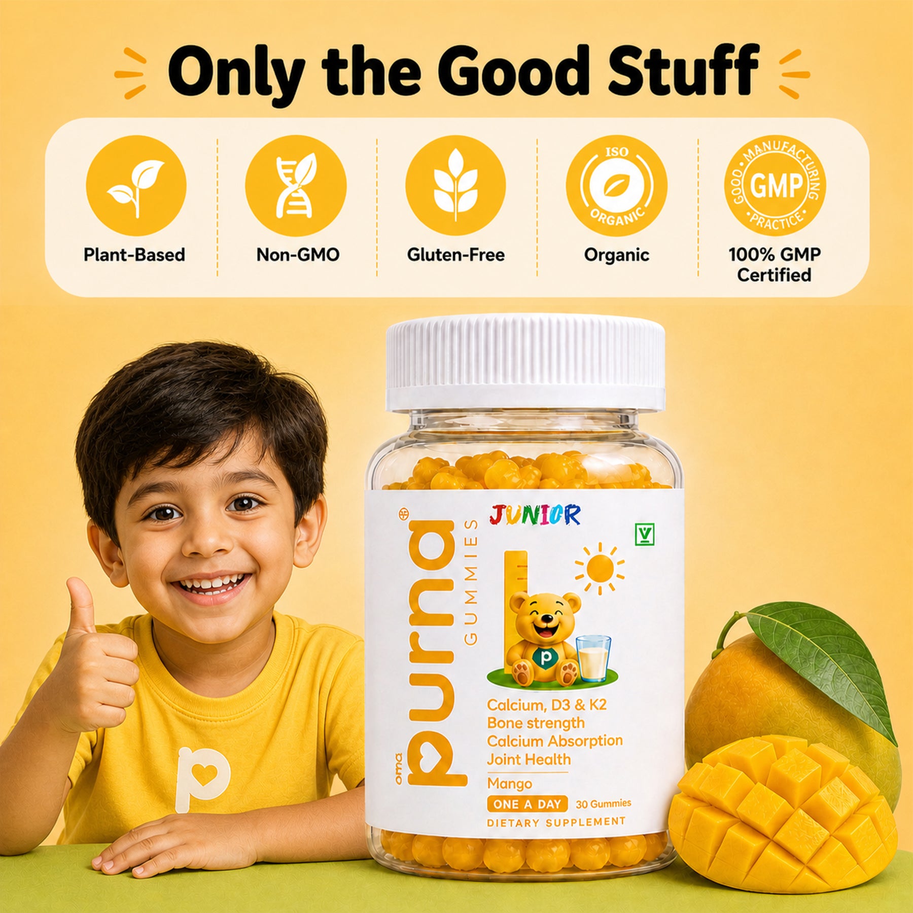 Buy 1 Get 1 Purna Junior Calcium Gummies - Mango Flavor | Calcium with Vitamin D3 & K2 for Kids Bone Strength, Growth & Joint Health | 60 Vegan Gummies