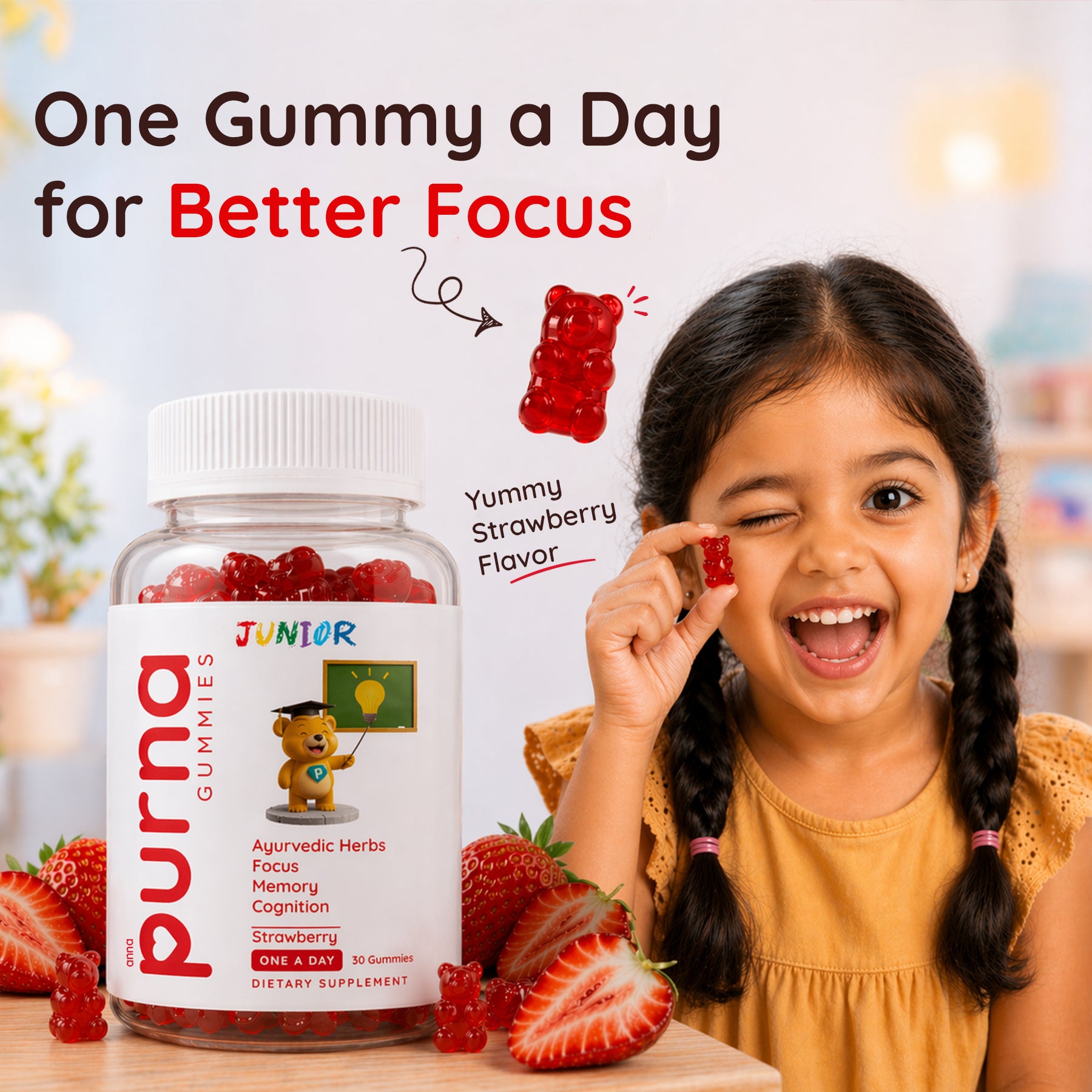 Buy 1 Get 1 Purna Junior Brain Booster Gummies - Strawberry Flavor | Ayurvedic Herbs for Kids Focus, Memory & Cognition | 60 Vegan Gummies