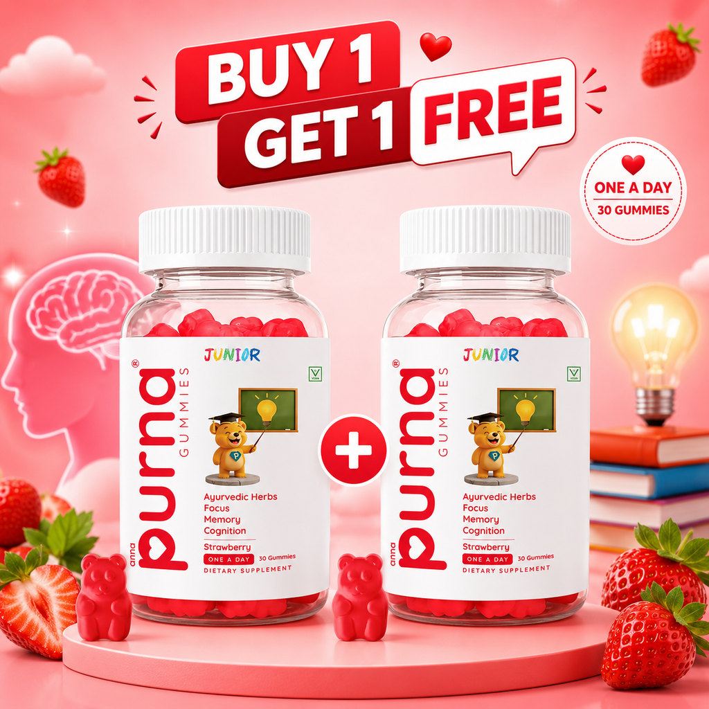 Buy 1 Get 1 Purna Junior Brain Booster Gummies - Strawberry Flavor | Ayurvedic Herbs for Kids Focus, Memory & Cognition | 60 Vegan Gummies