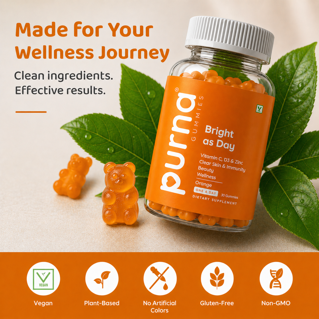 Buy 1 Get 1 Purna Bright as Day Vitamin C Gummies - Orange Flavor | Vitamin C, D3 & Zinc for Clear Skin & Immunity | 30 Vegan Gummies