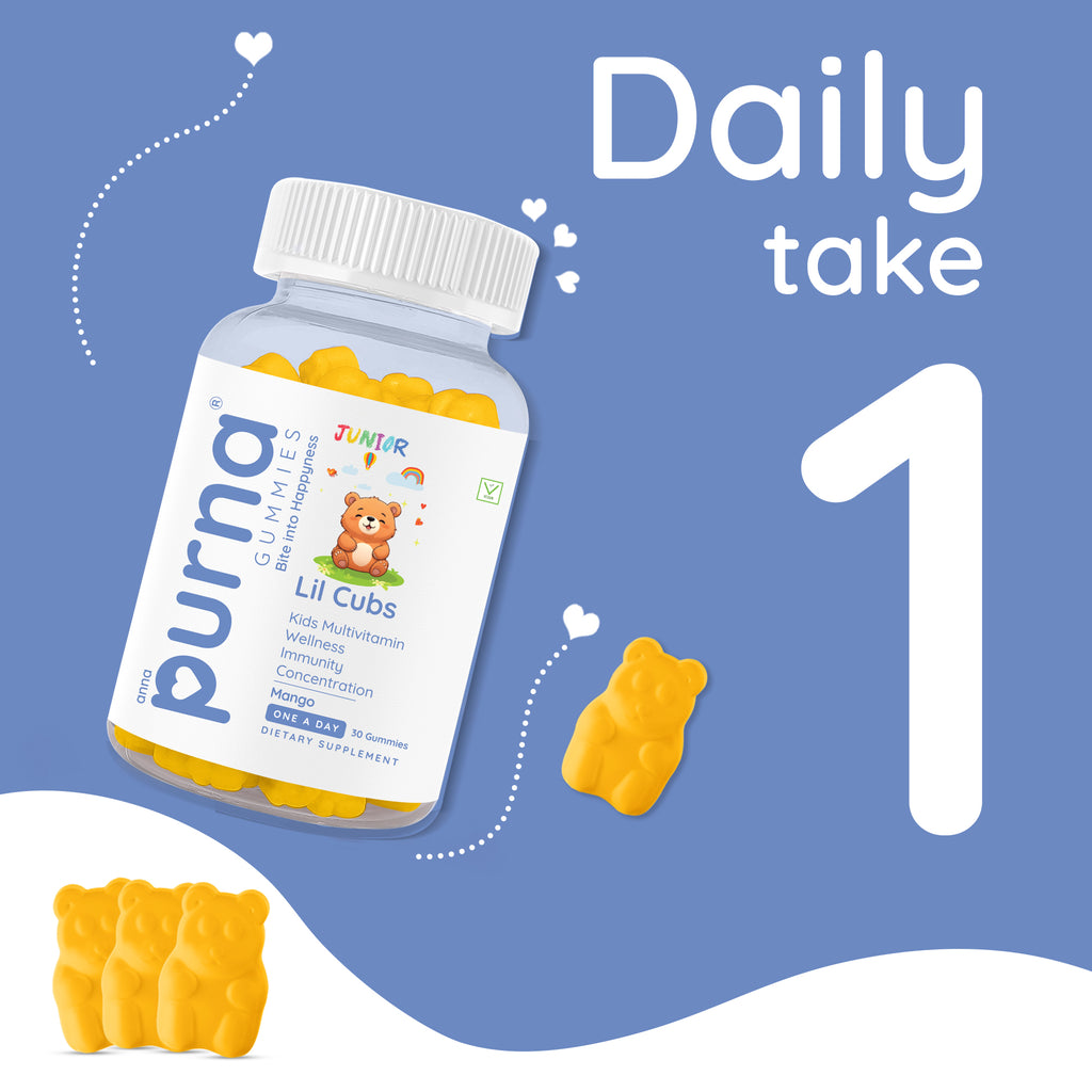 Buy 1 Get 1 Purna Junior Lil Cubs Multivitamin Gummies - Mango Flavor | Kids Multivitamin for Wellness, Immunity & Concentration | 30 Vegan Gummies