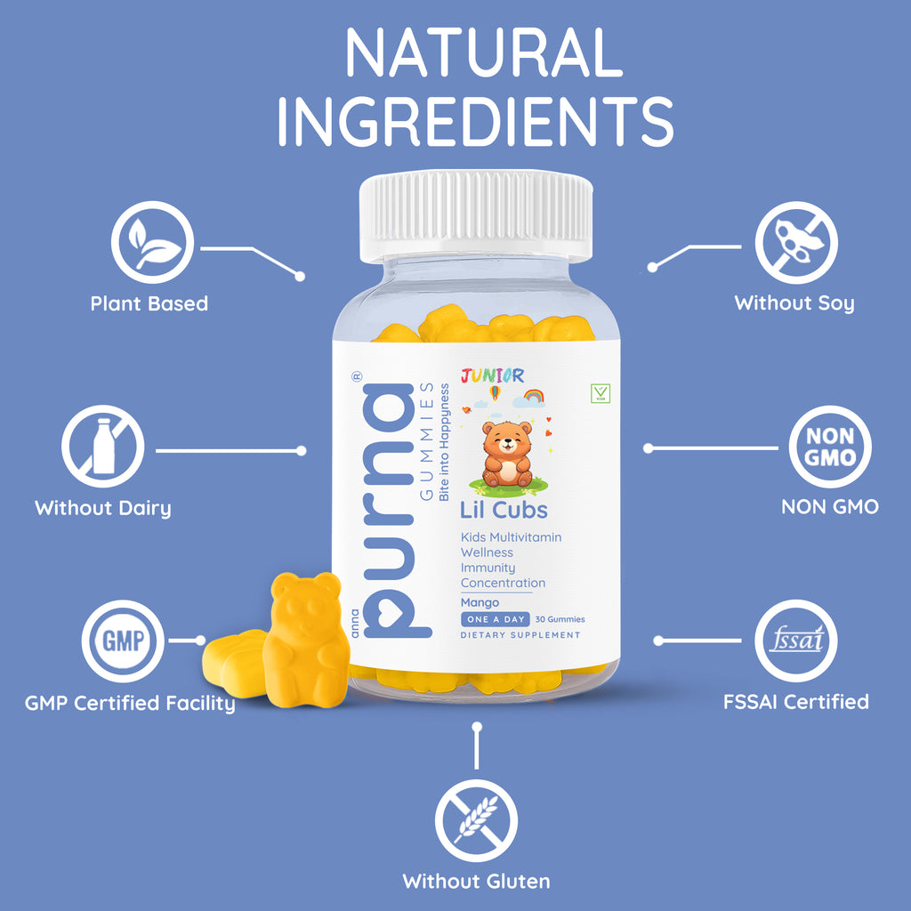 Buy 1 Get 1 Purna Junior Lil Cubs Multivitamin Gummies - Mango Flavor | Kids Multivitamin for Wellness, Immunity & Concentration | 30 Vegan Gummies