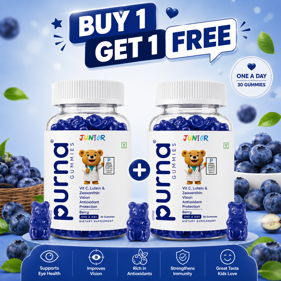 Buy 1 Get 1 Purna Junior Eye Health Gummies - Berry Flavor | Vitamin C, Lutein & Zeaxanthin for Kids Eye Health & Antioxidant Protection | 60 Vegan Gummies