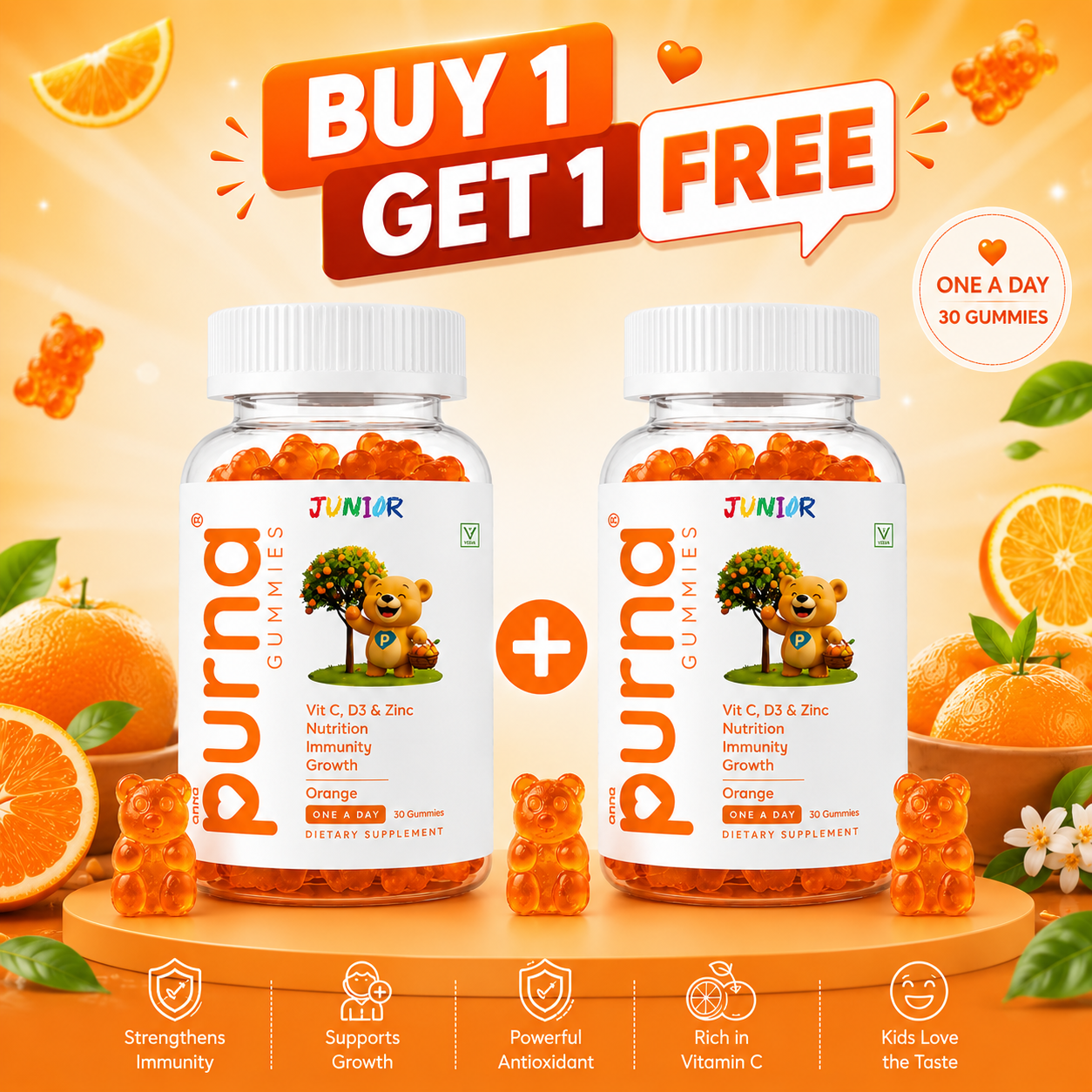 Buy 1 Get 1 Purna Junior Immunity Gummies - Orange Flavor | Vitamin C, D3 & Zinc for Kids Nutrition, Immunity & Growth | 60 Vegan Gummies