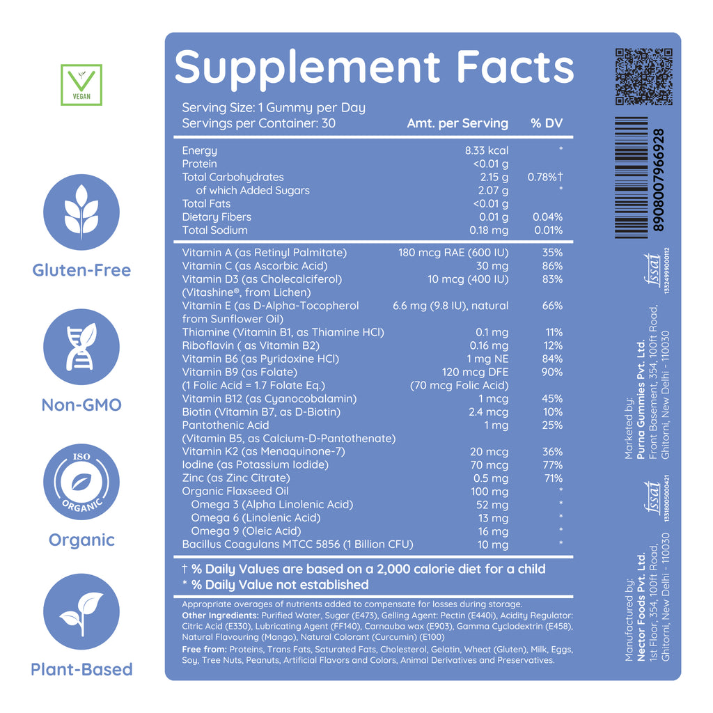 Buy 1 Get 1 Purna Junior Lil Cubs Multivitamin Gummies - Mango Flavor | Kids Multivitamin for Wellness, Immunity & Concentration | 30 Vegan Gummies
