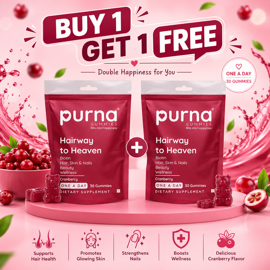 Buy 1 Get 1 Purna Hairway to Heaven Biotin Gummies - Cranberry Flavor | Hair, Skin & Nails Support | 30 Vegan Gummies